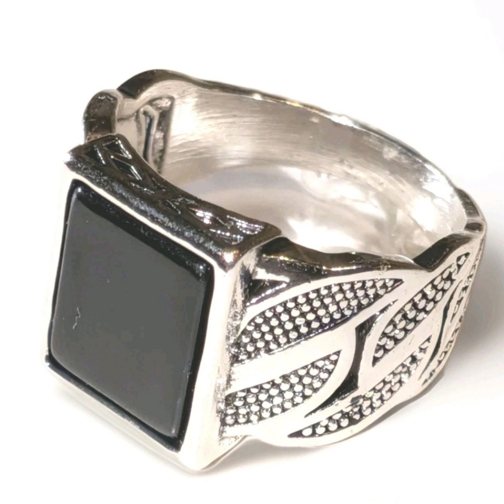 14k White Gold Plate Over Sterling Silver Turkish Gemstone Black Onyx Men's Ring
